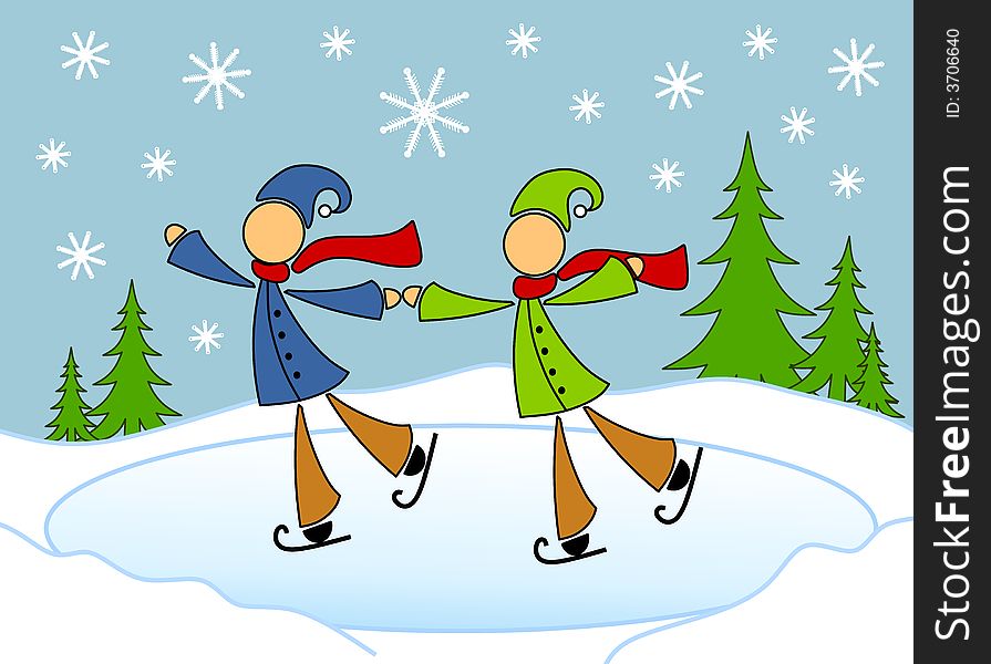 A clip art illustration featuring a pair of homosexual / gay men skating on a pond in winter. A clip art illustration featuring a pair of homosexual / gay men skating on a pond in winter.