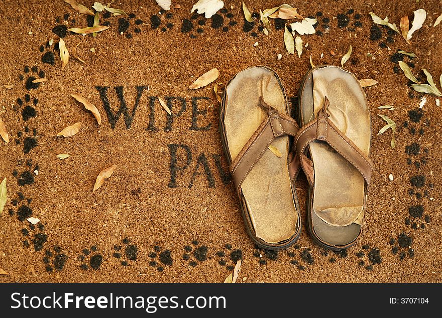 An outdoor mat covered by leaves represent fall and worn off home sandal. An outdoor mat covered by leaves represent fall and worn off home sandal