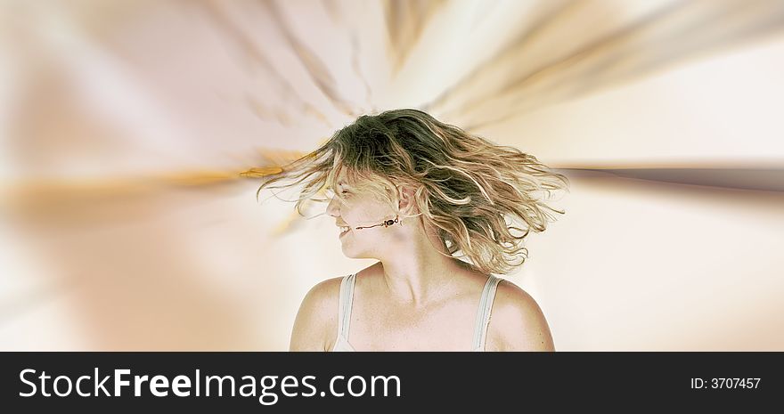 Blond cheerful woman waving her hair with colorful waves. Blond cheerful woman waving her hair with colorful waves