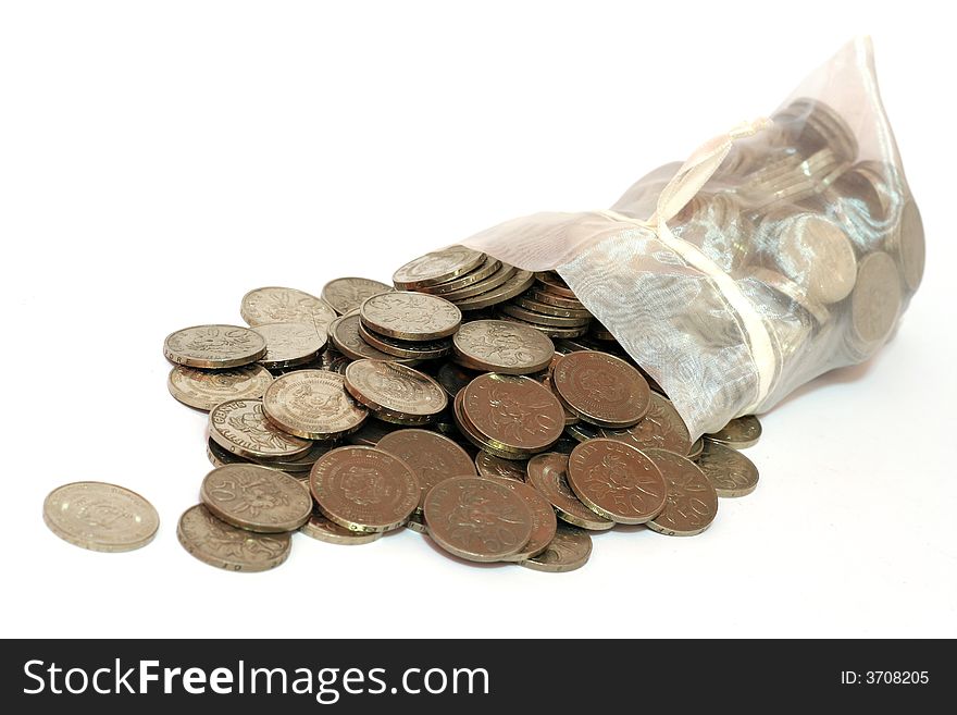 Bag of Singapore coins for saving.