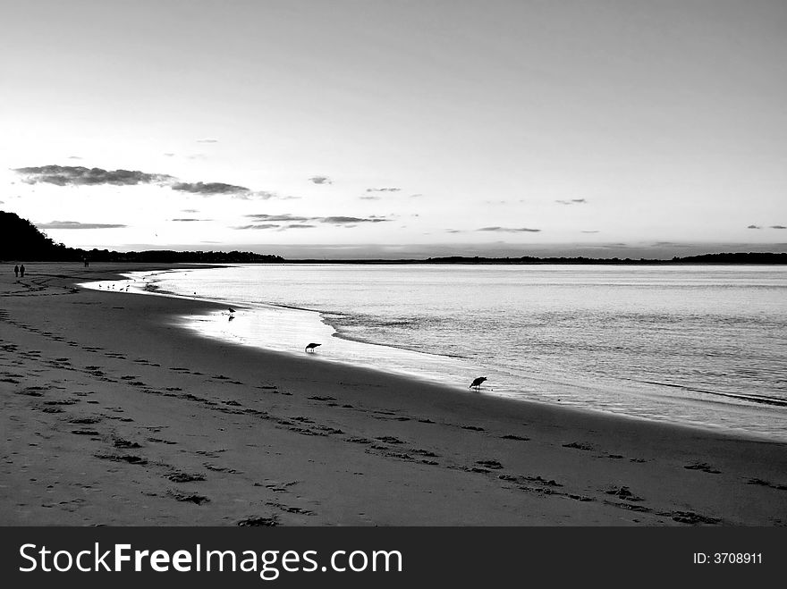 Sunset on Crane's beach in Ipswich Massachusetts with sea gulls and a couple of people in the background, the land curves through the scene. Sunset on Crane's beach in Ipswich Massachusetts with sea gulls and a couple of people in the background, the land curves through the scene