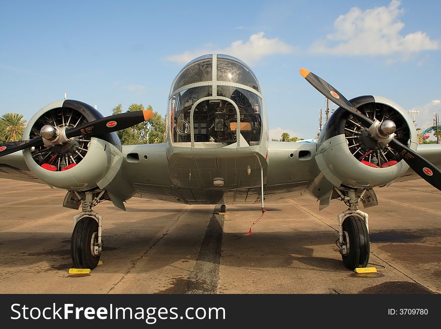Military airplane with two propellers