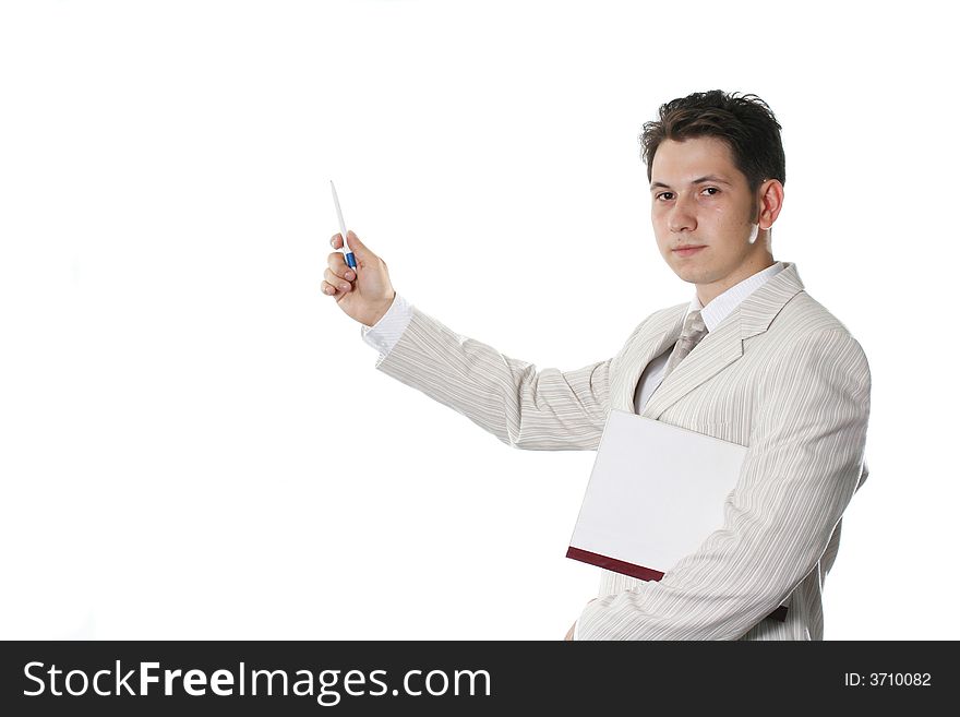 The young businessman in a white suit with documents