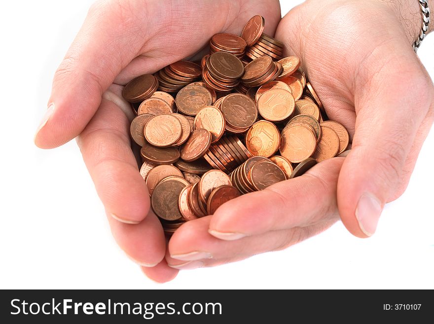 Hand collecting  cent coins on white background