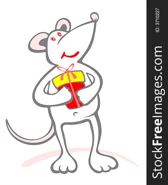 Happy stylized mouse and gift box on a white background. Happy stylized mouse and gift box on a white background.