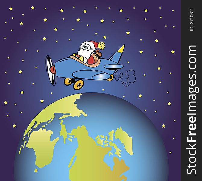 Santa claus flying in space passing the earth. Santa claus flying in space passing the earth