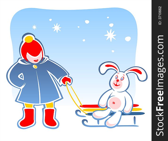 The child carries on sledge the toy rabbit. Digital illustration. The child carries on sledge the toy rabbit. Digital illustration.