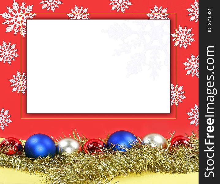 Christmas form decoration: varicoloured balls and white snowflakes on red background. Christmas form decoration: varicoloured balls and white snowflakes on red background