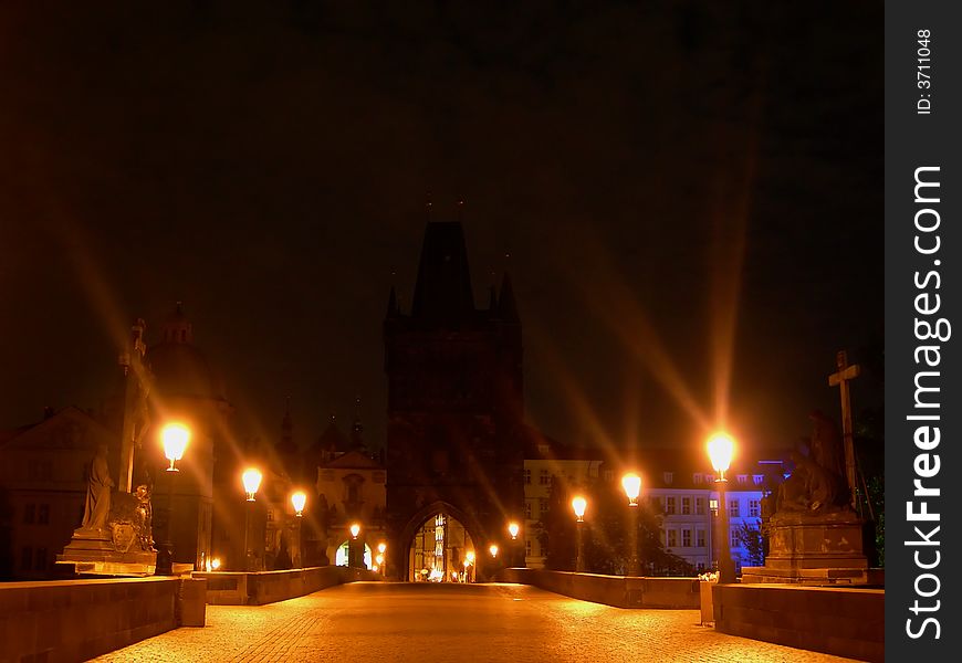 Charles bridge in Prague with lantern lights. Charles bridge in Prague with lantern lights