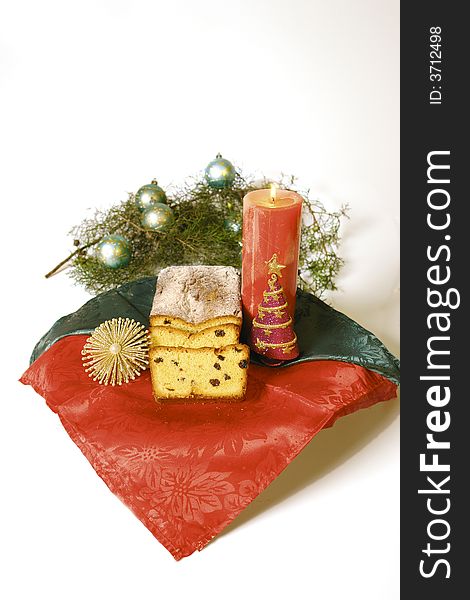 Christmas ginger and raisin cake with holiday decoration. Christmas ginger and raisin cake with holiday decoration