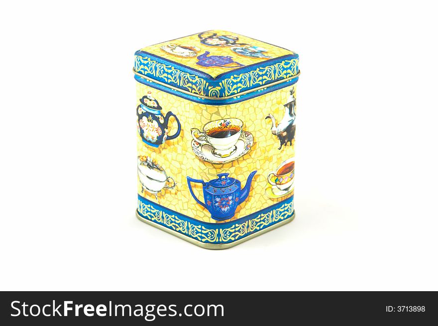 Painted tin box for storage of tea. Painted tin box for storage of tea