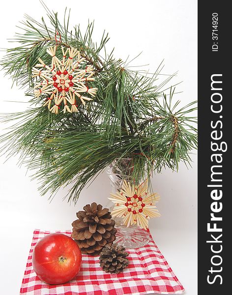 Christmas decorations on pine twig