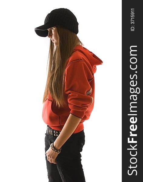 Things, a young girl in red, black cap, stands side,. Things, a young girl in red, black cap, stands side,