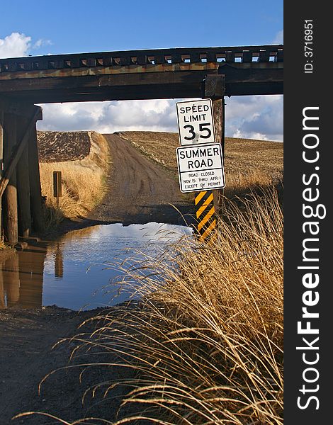 A summer road under a small railroad bridge.