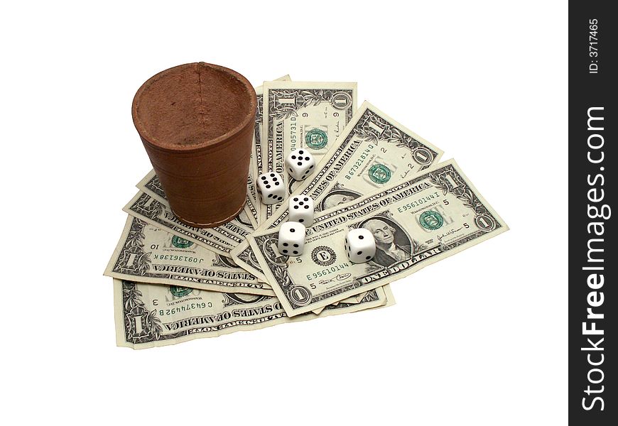 Leather dice-box, dice and one dollar bills on white background. Leather dice-box, dice and one dollar bills on white background