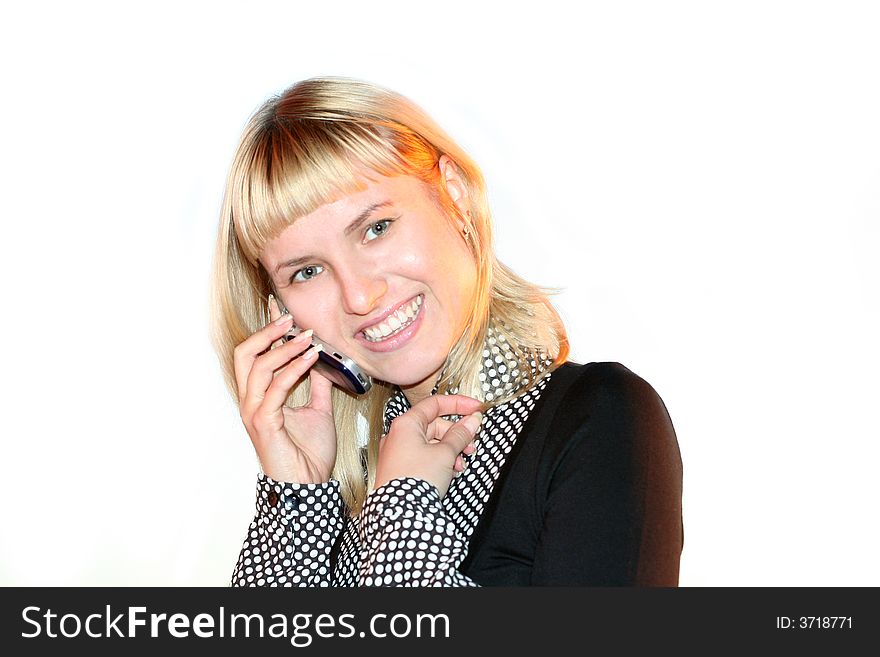 Young blond woman is calling