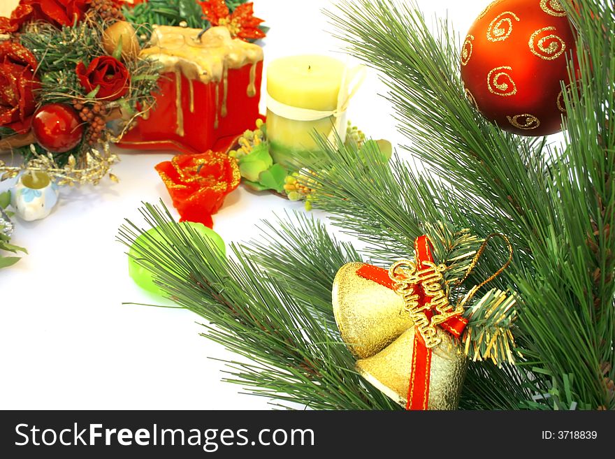 Christmas bells,fir-tree,candles,flowers,red ball.