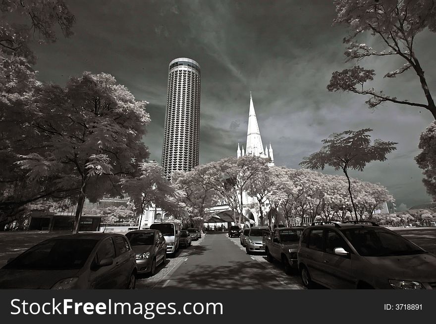 Infrared photo – tree, building and cloud