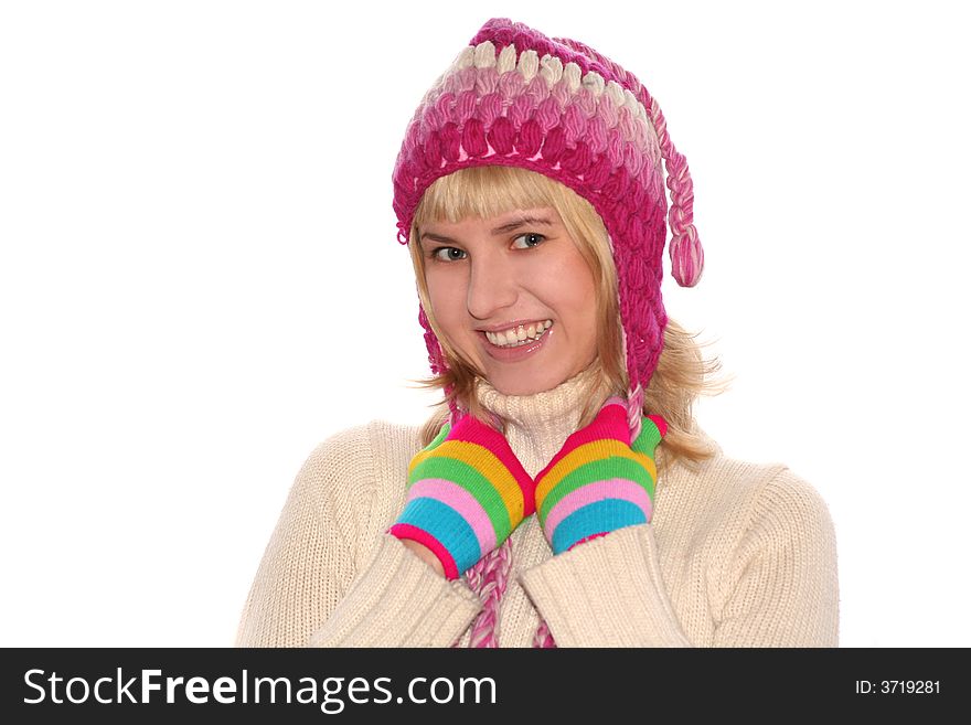 Smiling blond girl in cap and Multi-coloured gloves