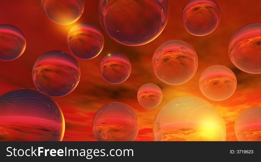 Rising water balls  on  sunset sky background - digital artwork.