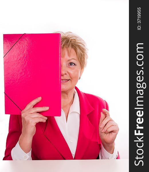 Mature woman with a pink folder. Mature woman with a pink folder