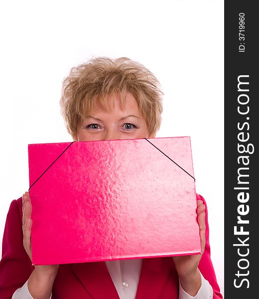 Woman in the pink jacket holding pink folder. Woman in the pink jacket holding pink folder