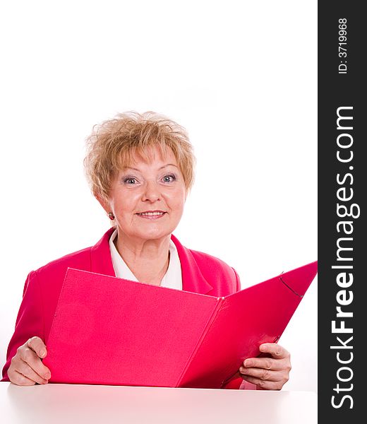 Buisinesswoman holding a pink folder. Buisinesswoman holding a pink folder