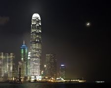 Hong Kong With Moon At Night Royalty Free Stock Photo