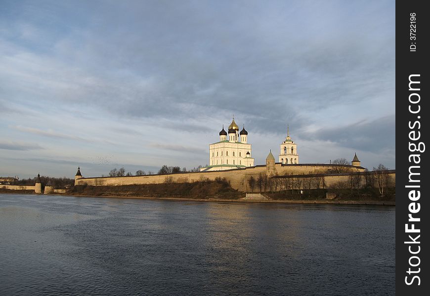 The ancient Russian fortress and Cathedral on the river coast.