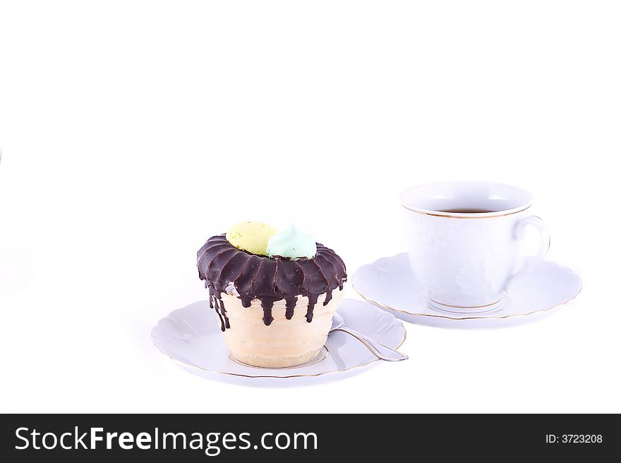 Coffee and cake isolated on white