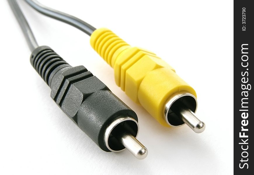 Audio video cable fragment with black and yellow plugs