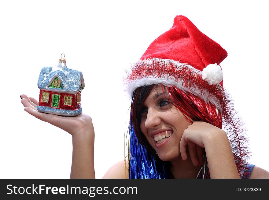 Christmas girl with new home, isolated on white. Christmas girl with new home, isolated on white
