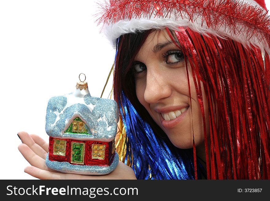 Christmas girl with new home, isolated on white