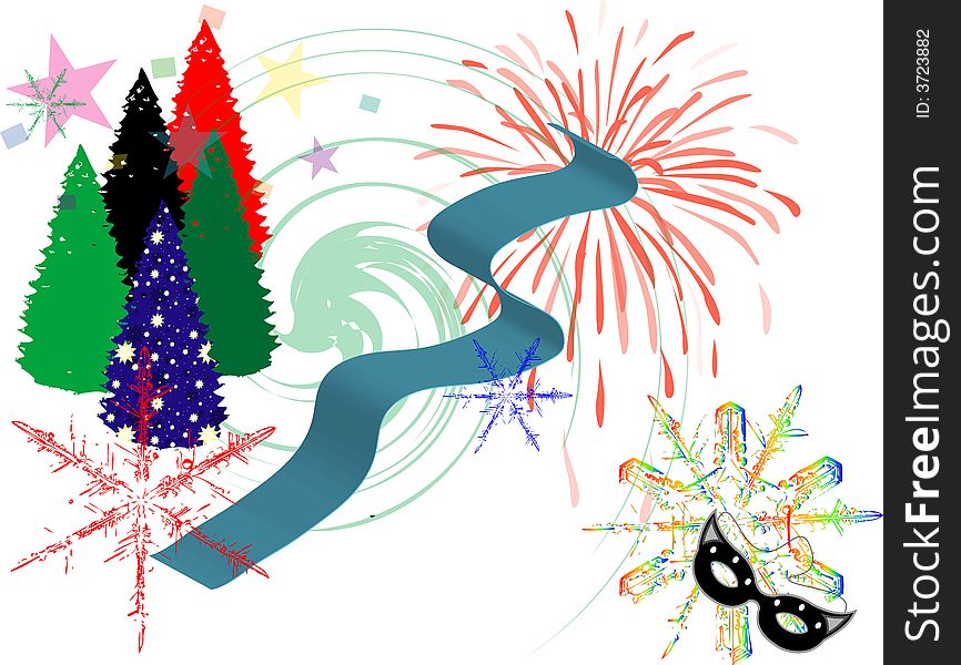 Abstract colored background with trees, snowflakes, fireworks and black eye mask. Abstract colored background with trees, snowflakes, fireworks and black eye mask