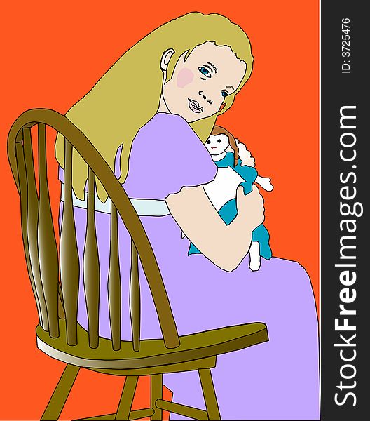 This is an illustration of a young girl sitting in a chair and holding a doll, looking back at the viewer. The girl is wearing a long dress. This is an illustration of a young girl sitting in a chair and holding a doll, looking back at the viewer. The girl is wearing a long dress.