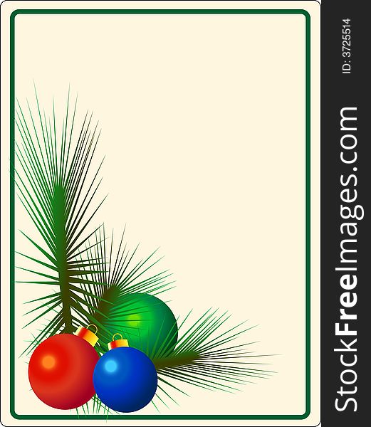 Stylized Christmas ornaments and pine bows decorate a page ready for copy. Stylized Christmas ornaments and pine bows decorate a page ready for copy.