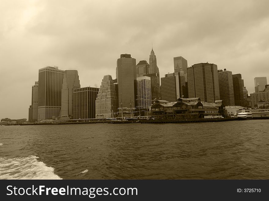 A picture of the Manhattan skyline from the New York harbor. A picture of the Manhattan skyline from the New York harbor