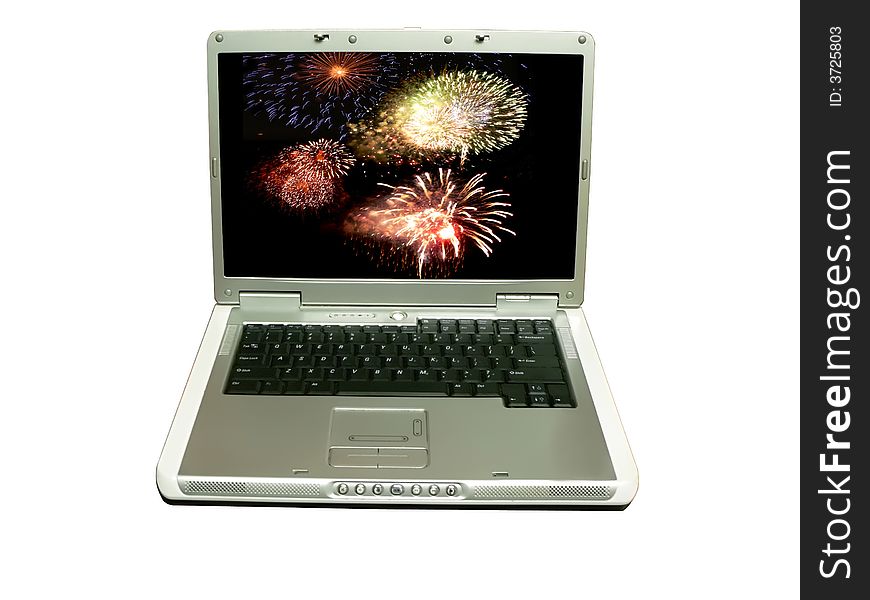 Photo of a computer laptop with fireworks exploding on the screen. isolated with clipping path. Photo of a computer laptop with fireworks exploding on the screen. isolated with clipping path