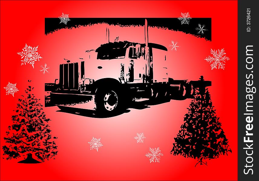 Abstract red background with truck, snowflakes and Christmas trees. Abstract red background with truck, snowflakes and Christmas trees