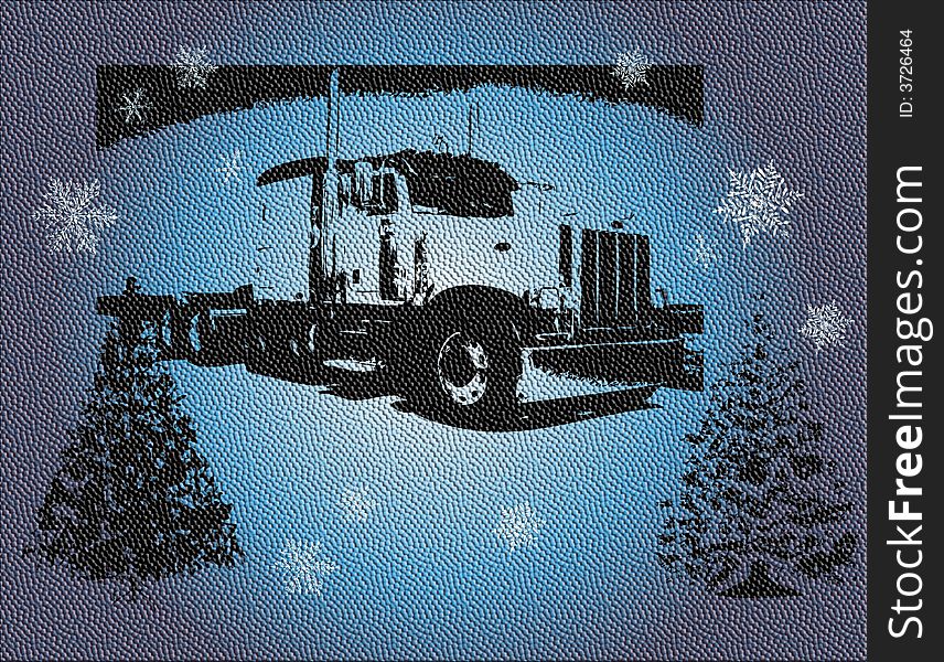 Abstract blue background with truck, snowflakes and christmas trees. Abstract blue background with truck, snowflakes and christmas trees