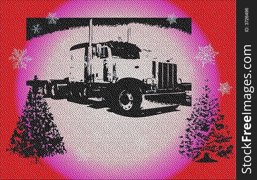 Abstract colored illustration with truck, snowflakes and christmas trees. Abstract colored illustration with truck, snowflakes and christmas trees