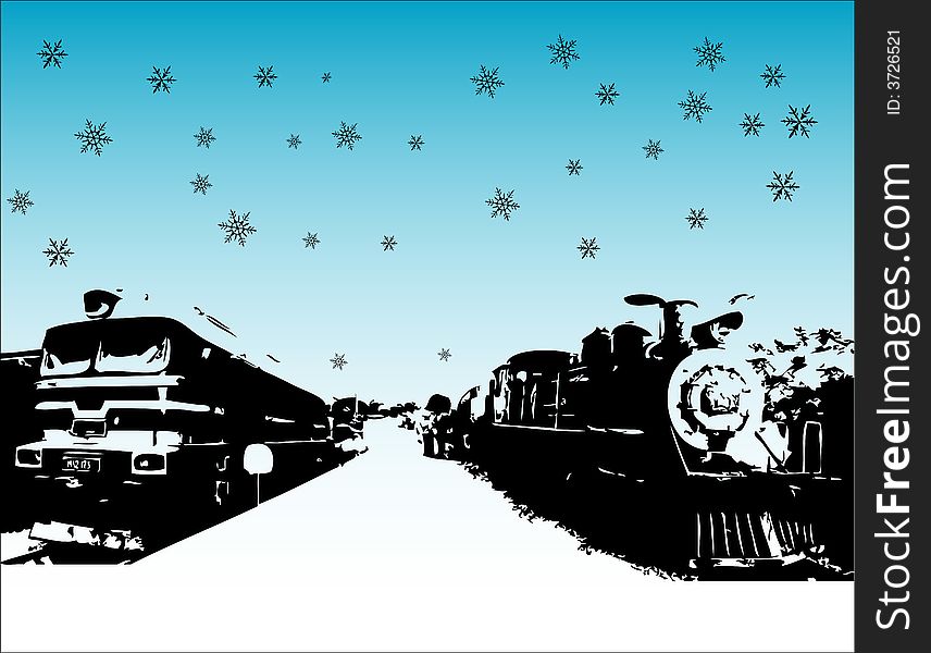 Abstract blue background with train shapes and snowflakes. Abstract blue background with train shapes and snowflakes