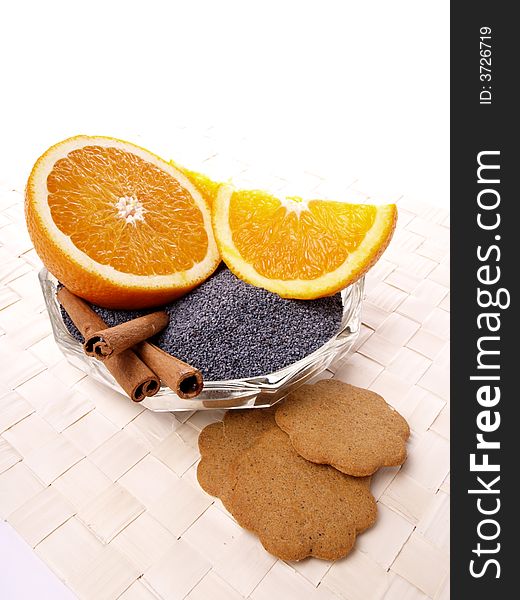 Oranges, cinnamon, poppy and delicious cookies. Oranges, cinnamon, poppy and delicious cookies