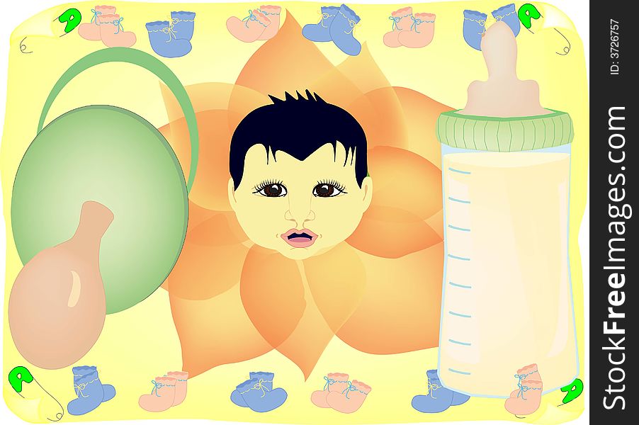 Scrolled backdrop of baby face in flower with bottle, dummy, pins and booties