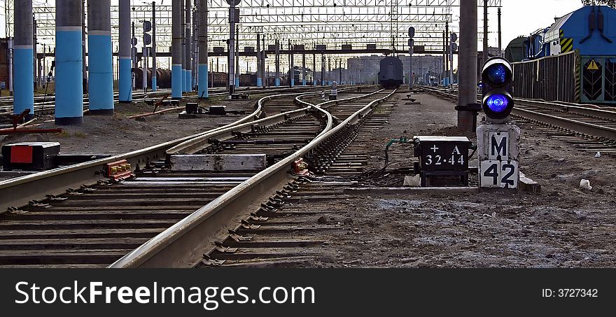 Traffic light beside station Pavlodar. Departure city. More to the left in daleke it is visible to depot. Traffic light beside station Pavlodar. Departure city. More to the left in daleke it is visible to depot.