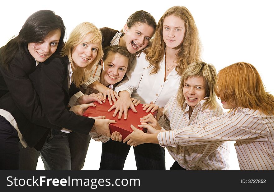 Group of cheery girs struggle for gifts. Group of cheery girs struggle for gifts