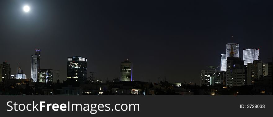 Tel Aviv at night, Full moon over Tel Aviv's skyline, Israel.