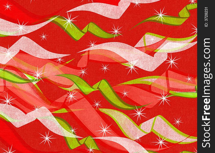 A background pattern featuring a variety of Christma ribbons casually arranged with stars and textured rustic red color. A background pattern featuring a variety of Christma ribbons casually arranged with stars and textured rustic red color