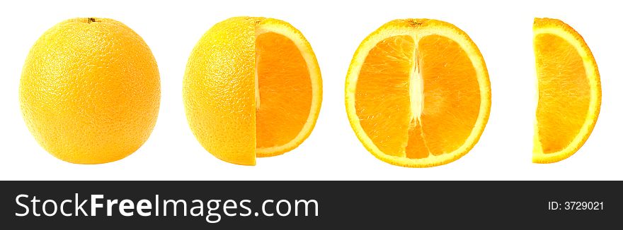 The ripe cut oranges. Four parts
