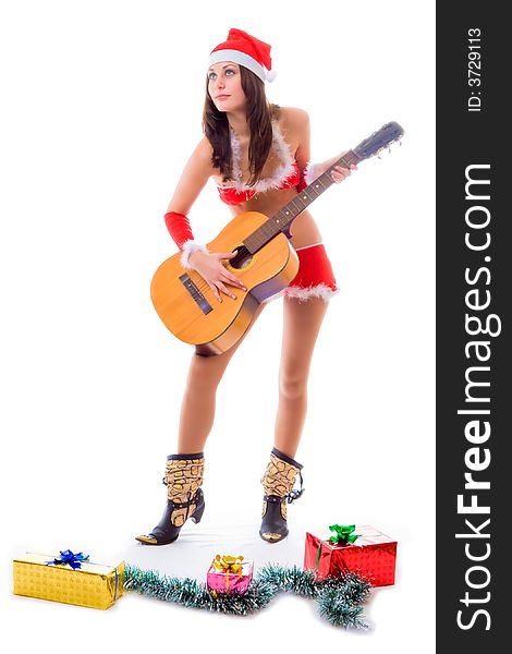 Santa helper girl playing guitar over white